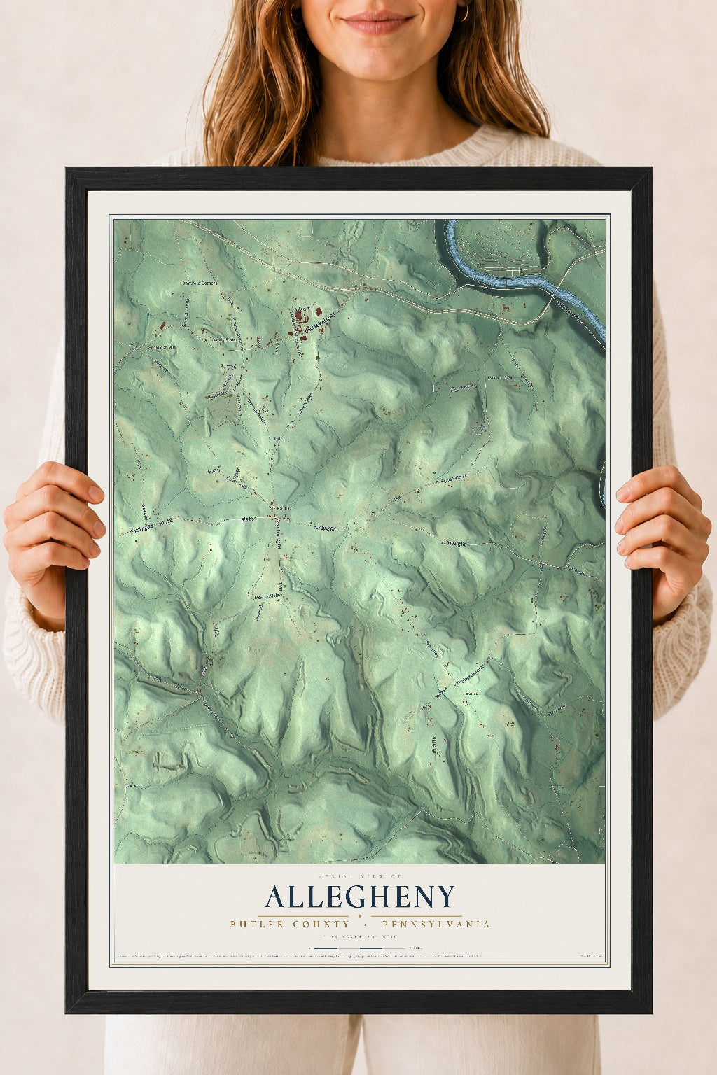 Map of Allegheny, Butler County, Pennsylvania, 18 x 24 inch print in a black wood frame