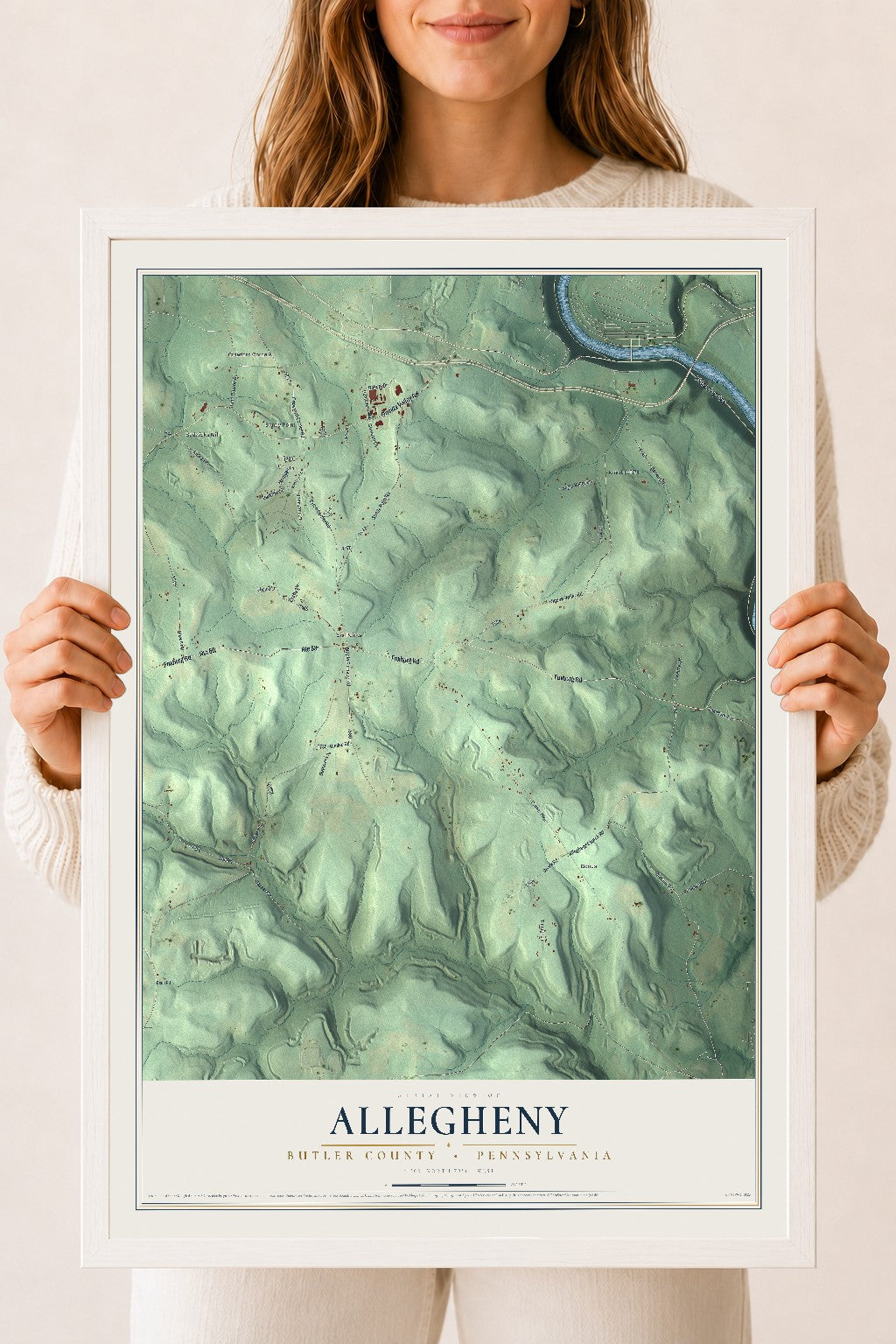 Map of Allegheny, Butler County, Pennsylvania, 18 x 24 inch print in a white wood frame