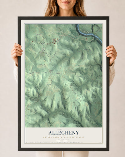 Map of Allegheny, Butler County, Pennsylvania, 24 x 36 inch print in a black wood frame
