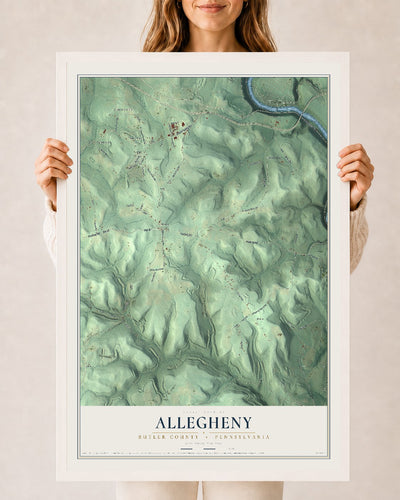Map of Allegheny, Butler County, Pennsylvania, 24 x 36 inch print in a white wood frame