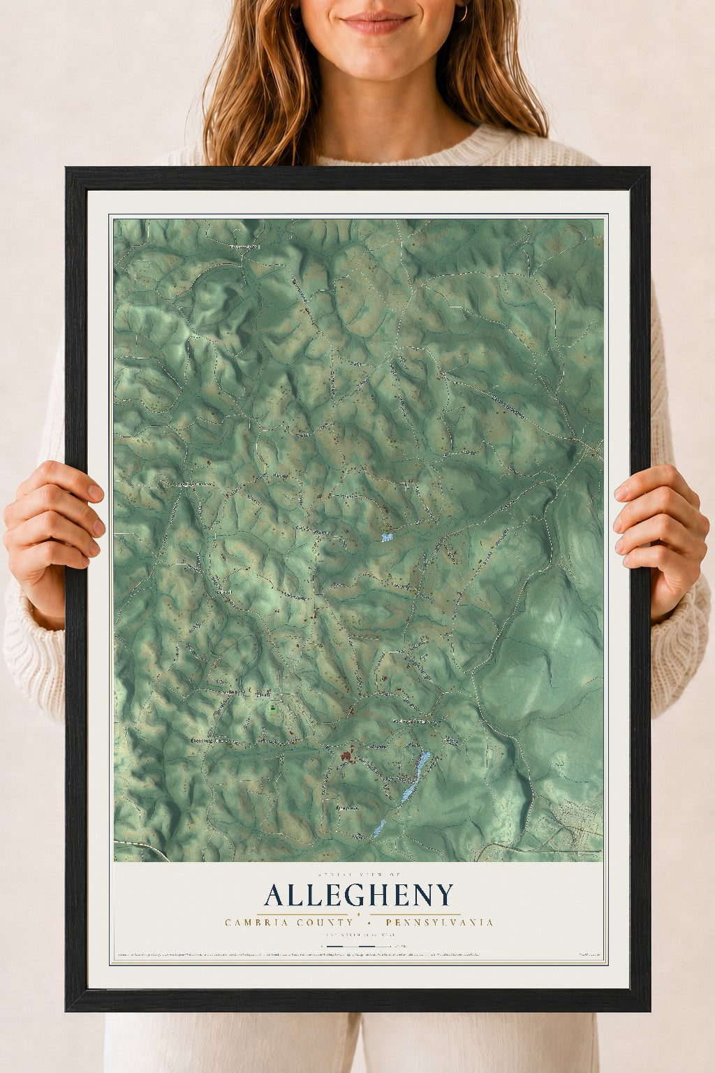 Map of Allegheny, Cambria County, Pennsylvania, 18 x 24 inch print in a black wood frame