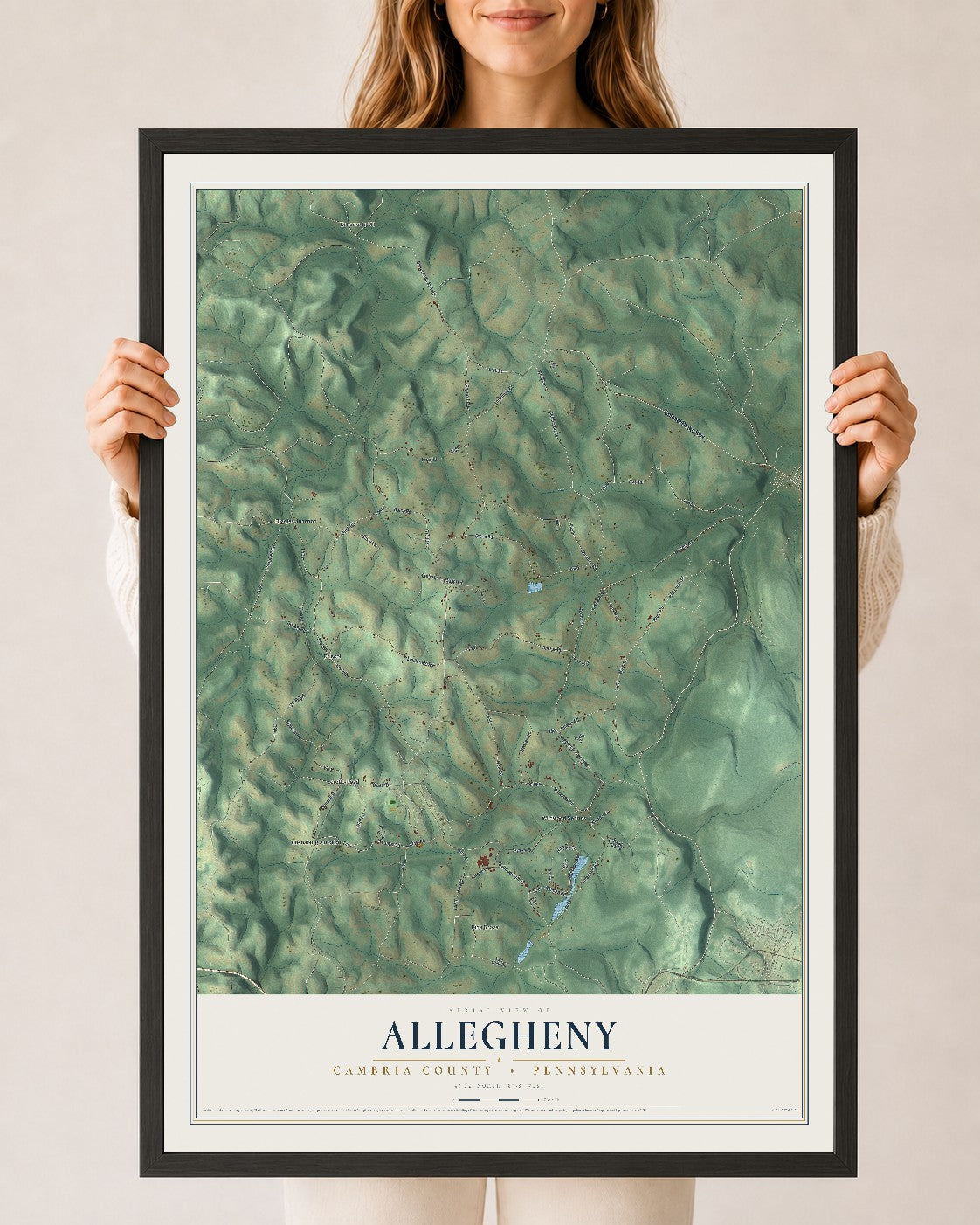 Map of Allegheny, Cambria County, Pennsylvania, 24 x 36 inch print in a black wood frame