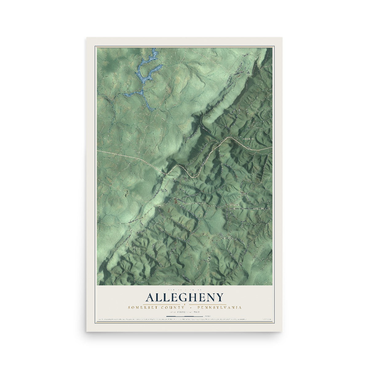 Map of Allegheny, Somerset County, Pennsylvania, 12 x 18 inch unframed archival matte print
