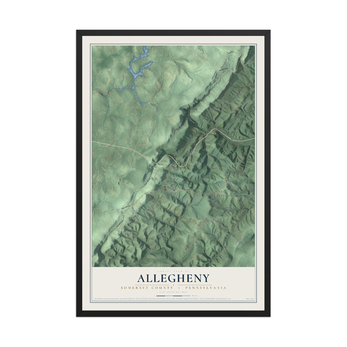 Map of Allegheny, Somerset County, Pennsylvania, 12 x 18 inch print in a black wood frame