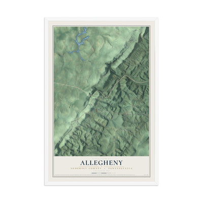 Map of Allegheny, Somerset County, Pennsylvania, 12 x 18 inch print in a white wood frame