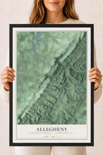 Map of Allegheny, Somerset County, Pennsylvania, 18 x 24 inch print in a black wood frame