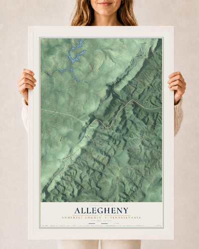 Map of Allegheny, Somerset County, Pennsylvania, 24 x 36 inch print in a white wood frame