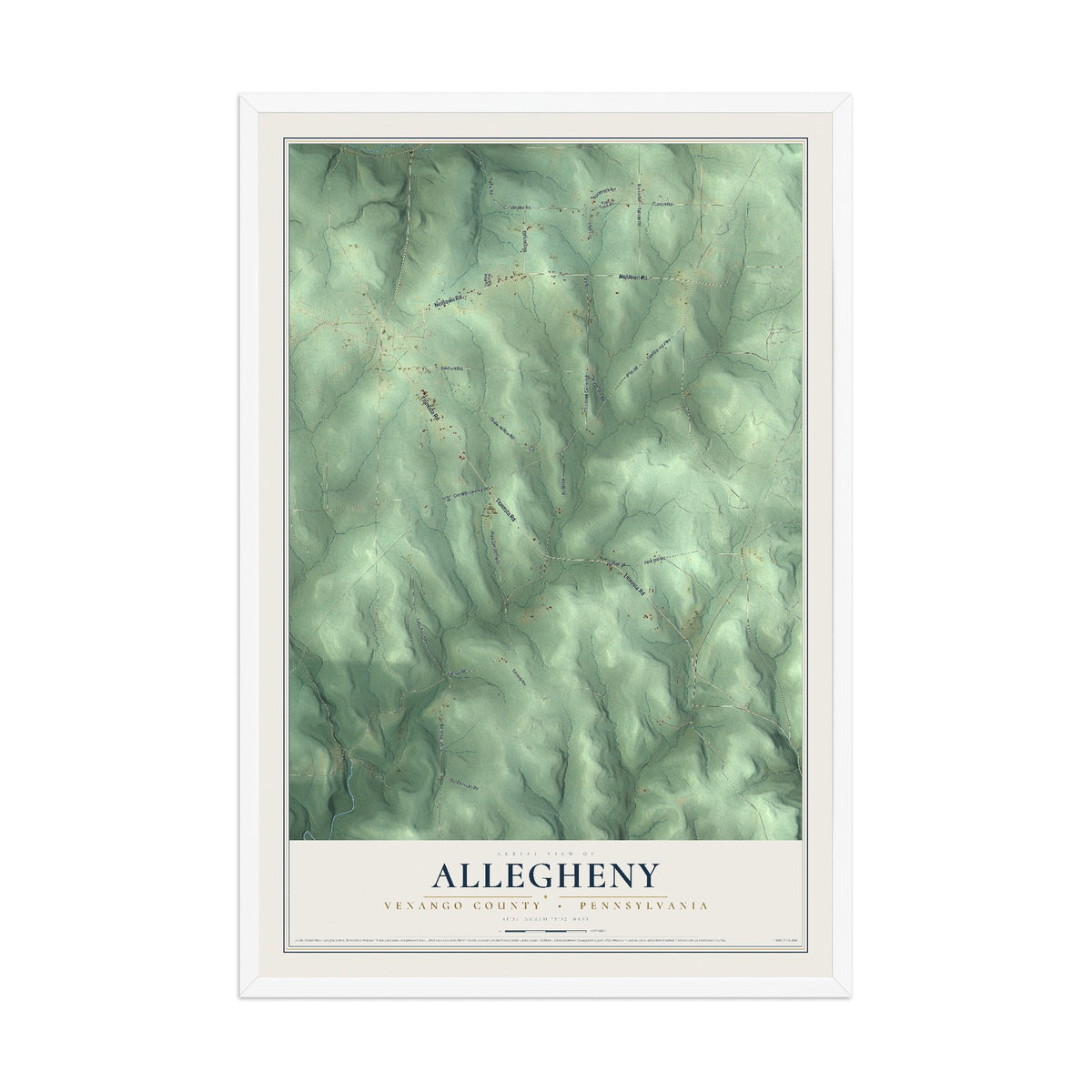 Map of Allegheny, Venango County, Pennsylvania, 12 x 18 inch print in a white wood frame