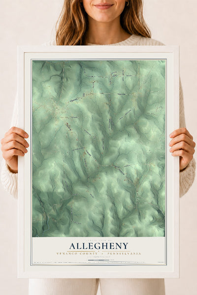 Map of Allegheny, Venango County, Pennsylvania, 18 x 24 inch print in a white wood frame