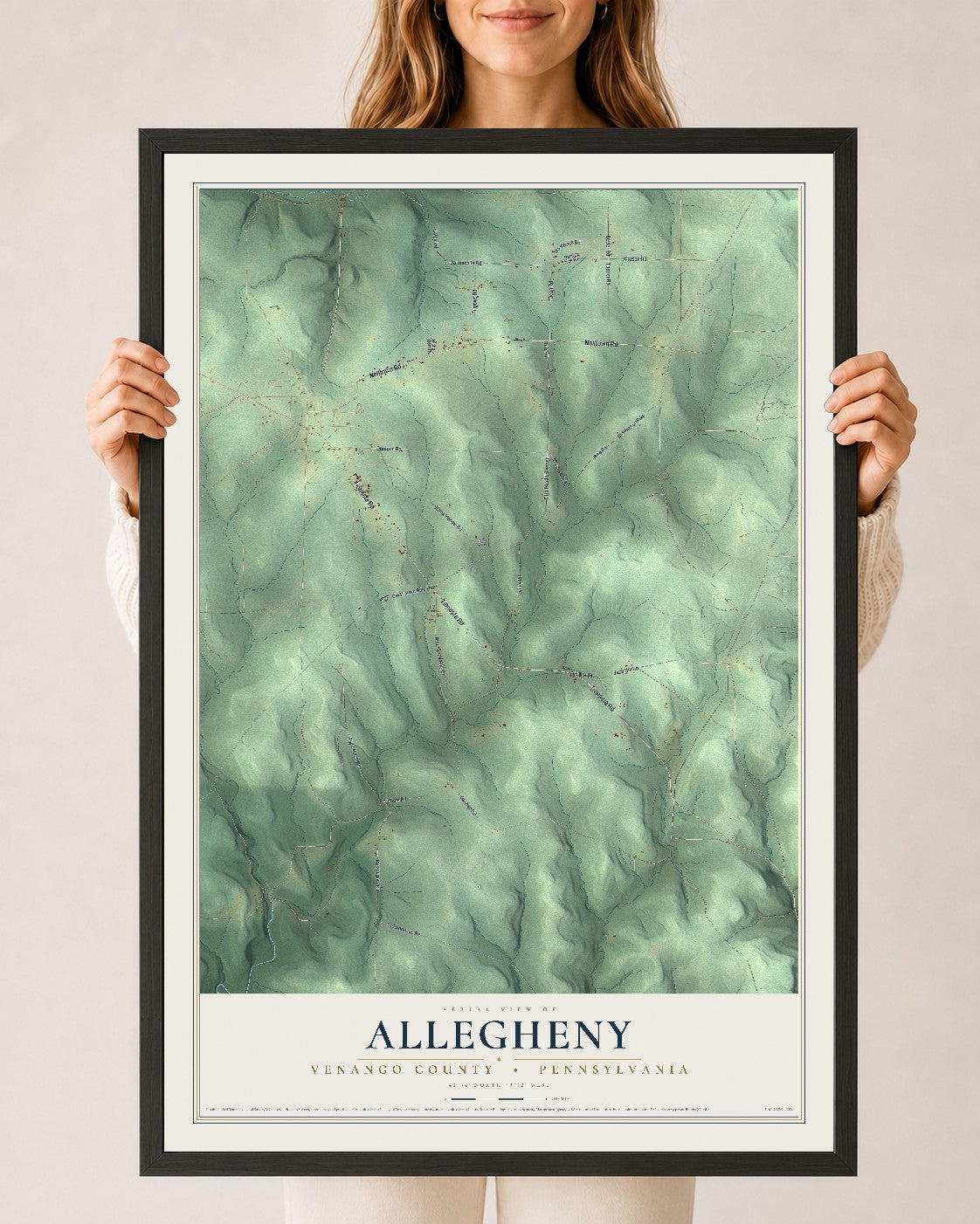 Map of Allegheny, Venango County, Pennsylvania, 24 x 36 inch print in a black wood frame