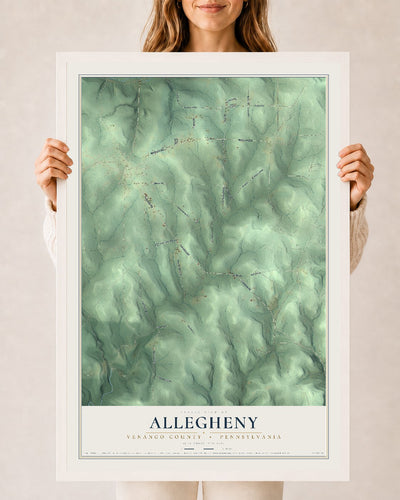 Map of Allegheny, Venango County, Pennsylvania, 24 x 36 inch print in a white wood frame