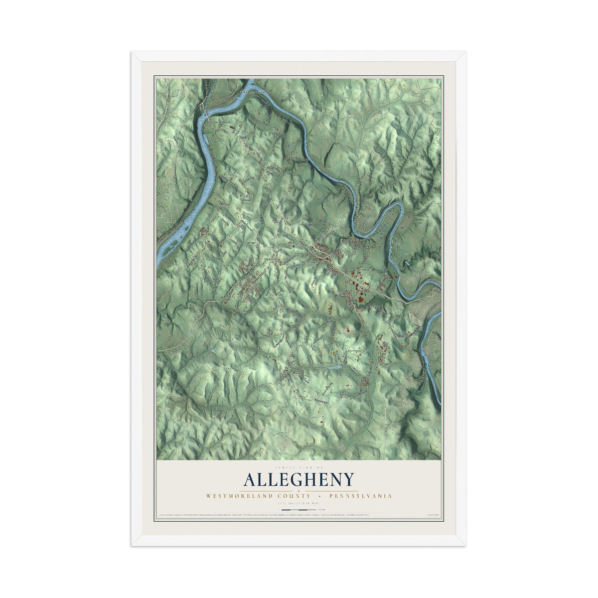 Map of Allegheny, Westmoreland County, Pennsylvania, 12 x 18 inch print in a white wood frame