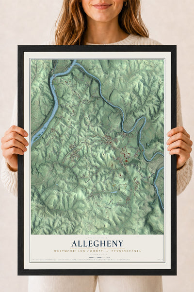 Map of Allegheny, Westmoreland County, Pennsylvania, 18 x 24 inch print in a black wood frame