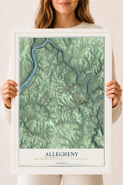 Map of Allegheny, Westmoreland County, Pennsylvania, 18 x 24 inch print in a white wood frame