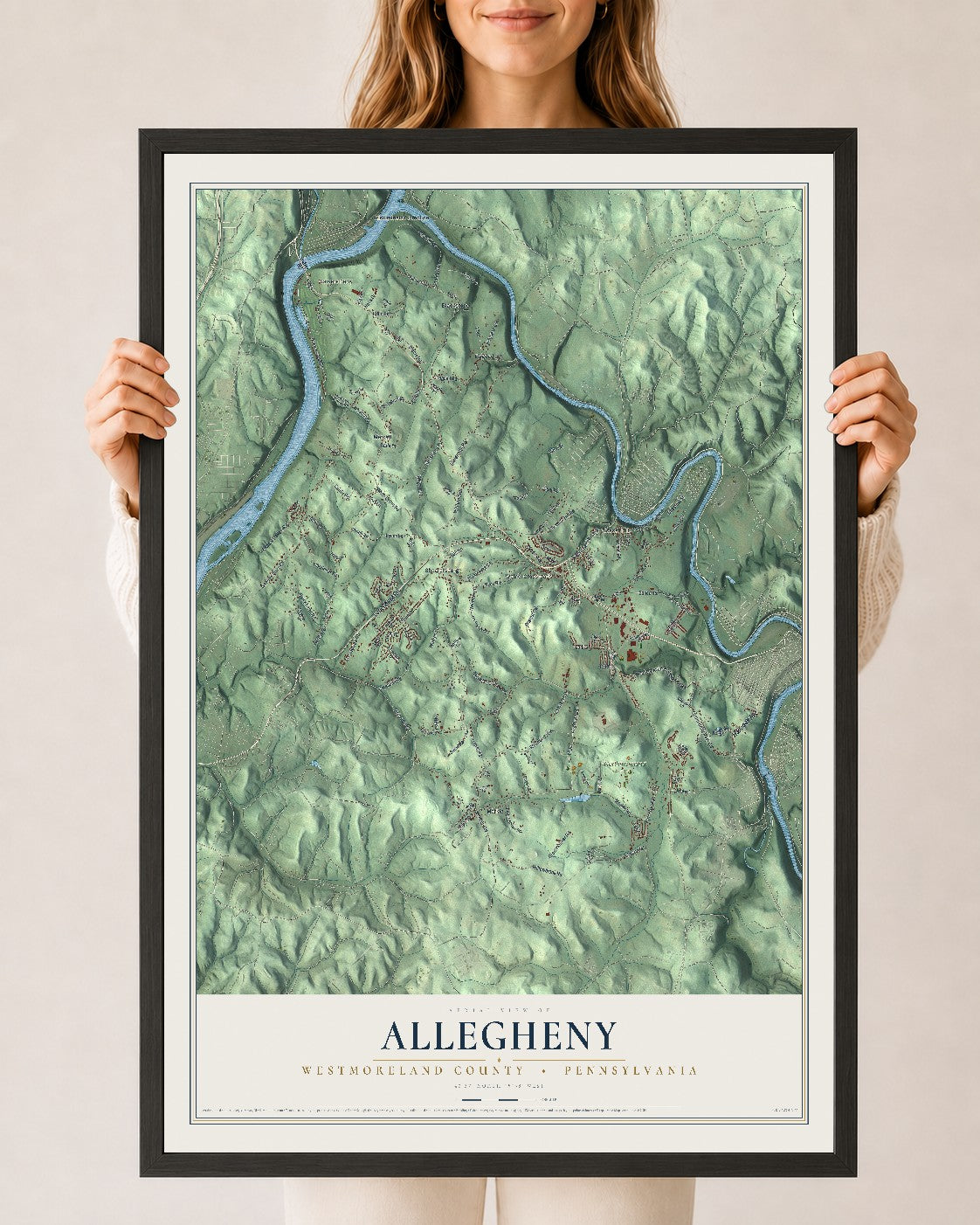 Map of Allegheny, Westmoreland County, Pennsylvania, 24 x 36 inch print in a black wood frame
