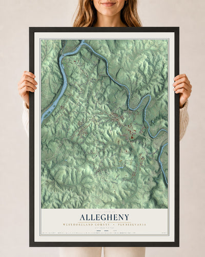 Map of Allegheny, Westmoreland County, Pennsylvania, 24 x 36 inch print in a black wood frame