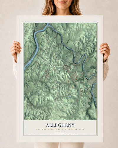 Map of Allegheny, Westmoreland County, Pennsylvania, 24 x 36 inch print in a white wood frame