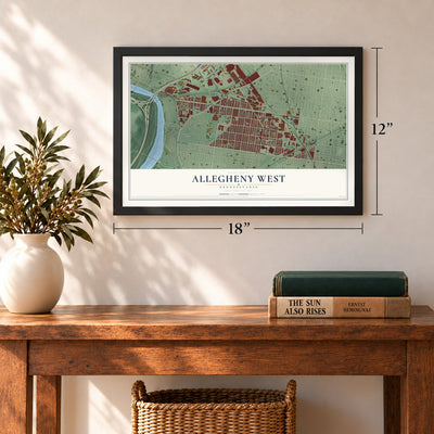 Allegheny West, Philadelphia, Pennsylvania map, 12 x 18 inch print in a black frame in an entryway