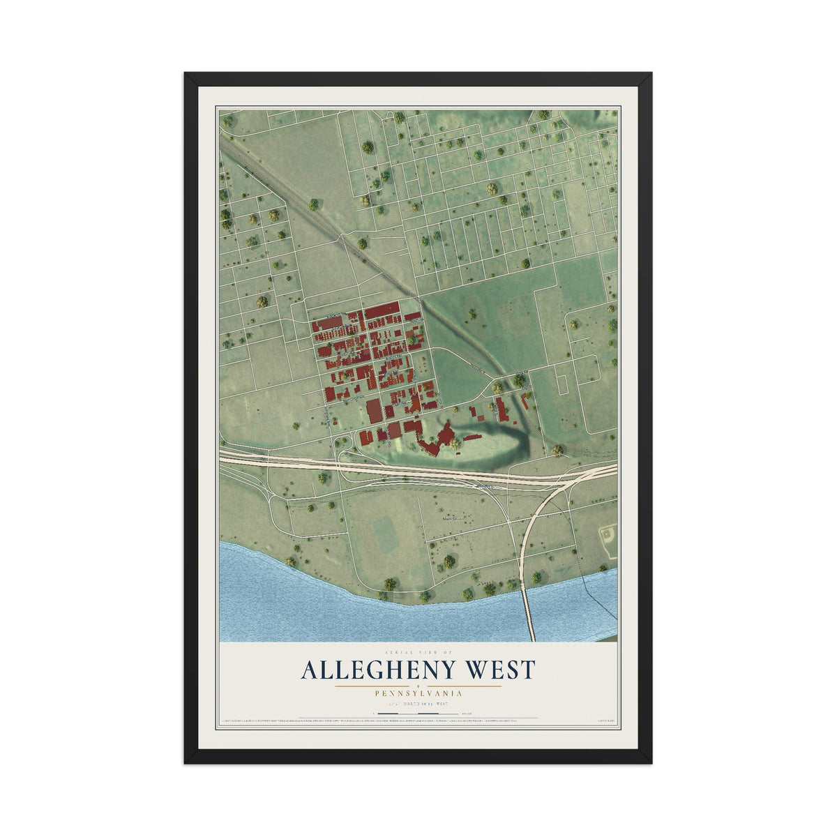 Map of Allegheny West, Pennsylvania, 12 x 18 inch print in a black wood frame