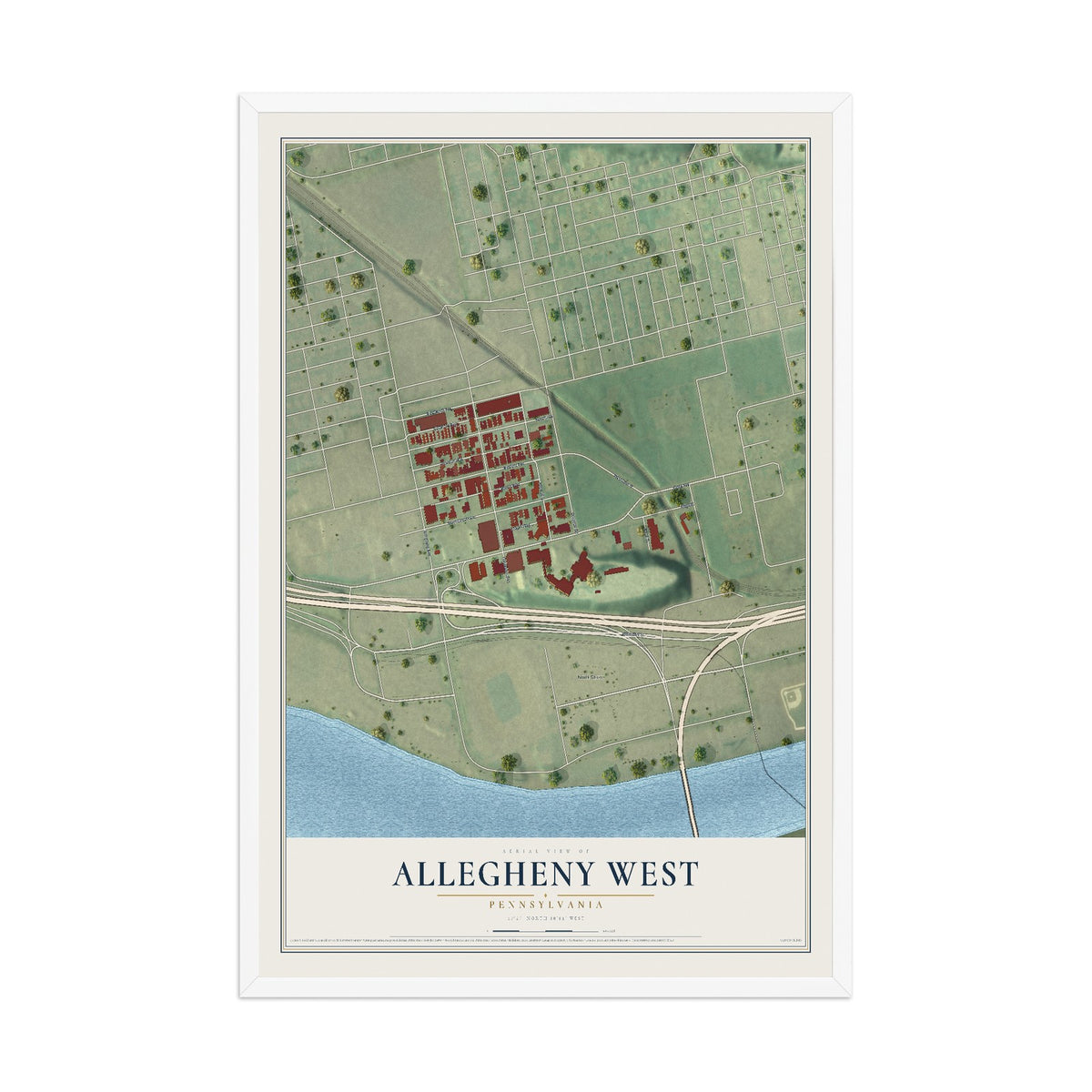 Map of Allegheny West, Pennsylvania, 12 x 18 inch print in a white wood frame