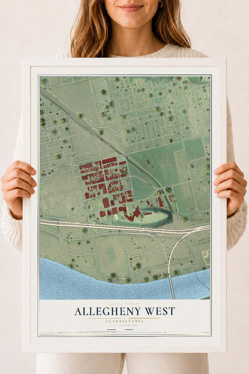 Map of Allegheny West, Pennsylvania, 18 x 24 inch print in a white wood frame