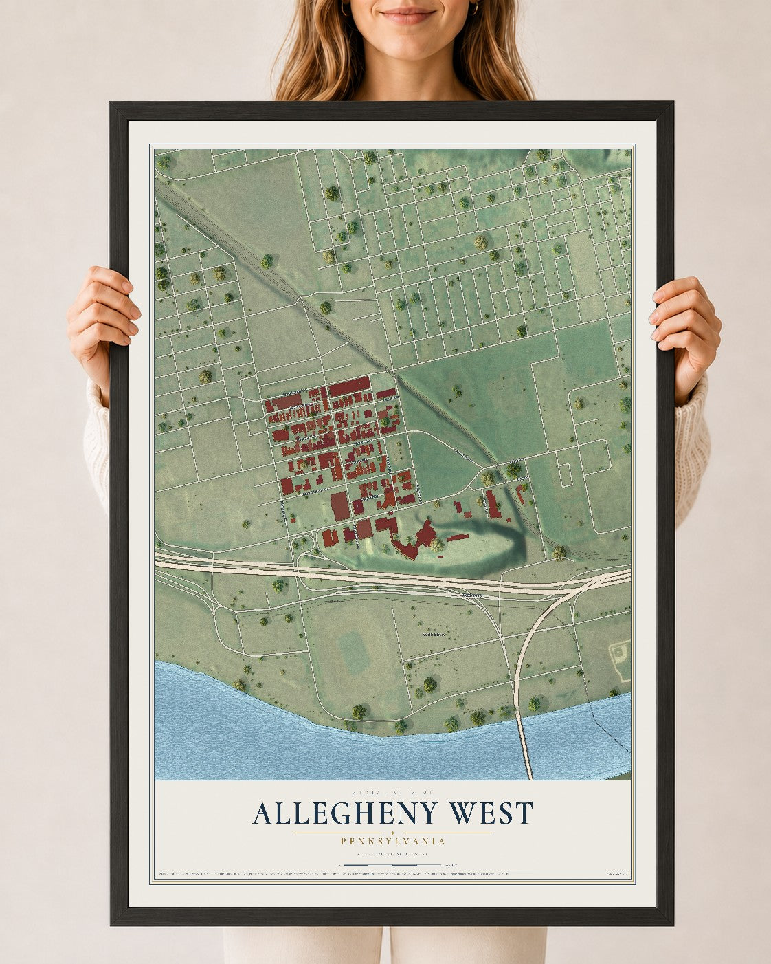 Map of Allegheny West, Pennsylvania, 24 x 36 inch print in a black wood frame