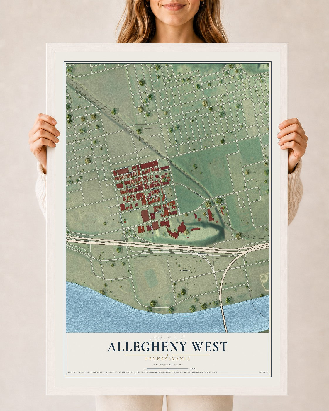 Map of Allegheny West, Pennsylvania, 24 x 36 inch print in a white wood frame
