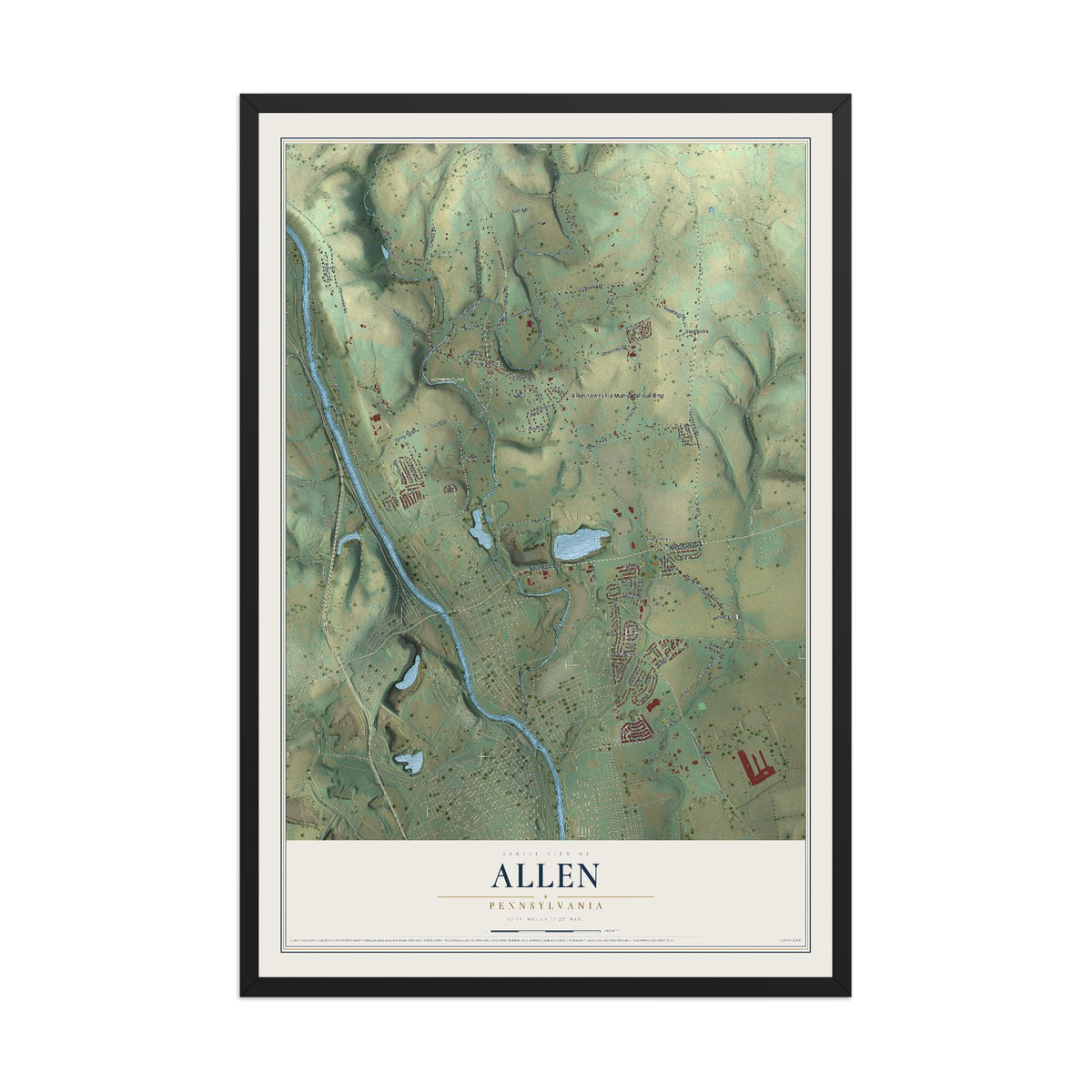 Map of Allen, Pennsylvania, 12 x 18 inch print in a black wood frame