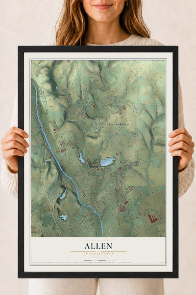Map of Allen, Pennsylvania, 18 x 24 inch print in a black wood frame