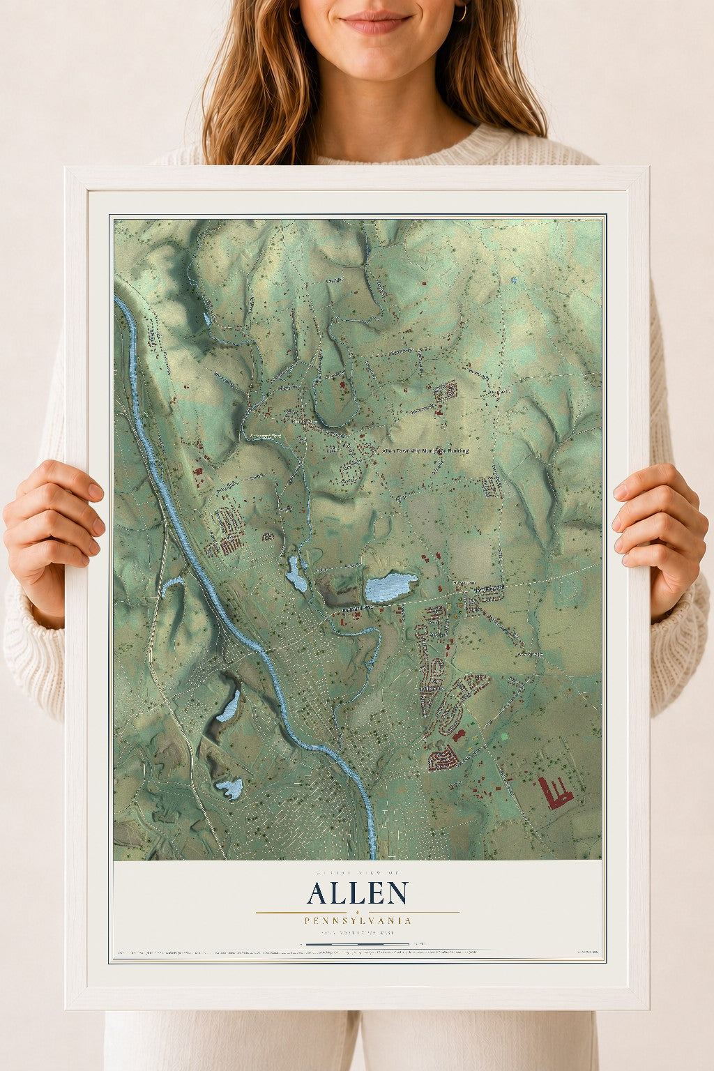 Map of Allen, Pennsylvania, 18 x 24 inch print in a white wood frame