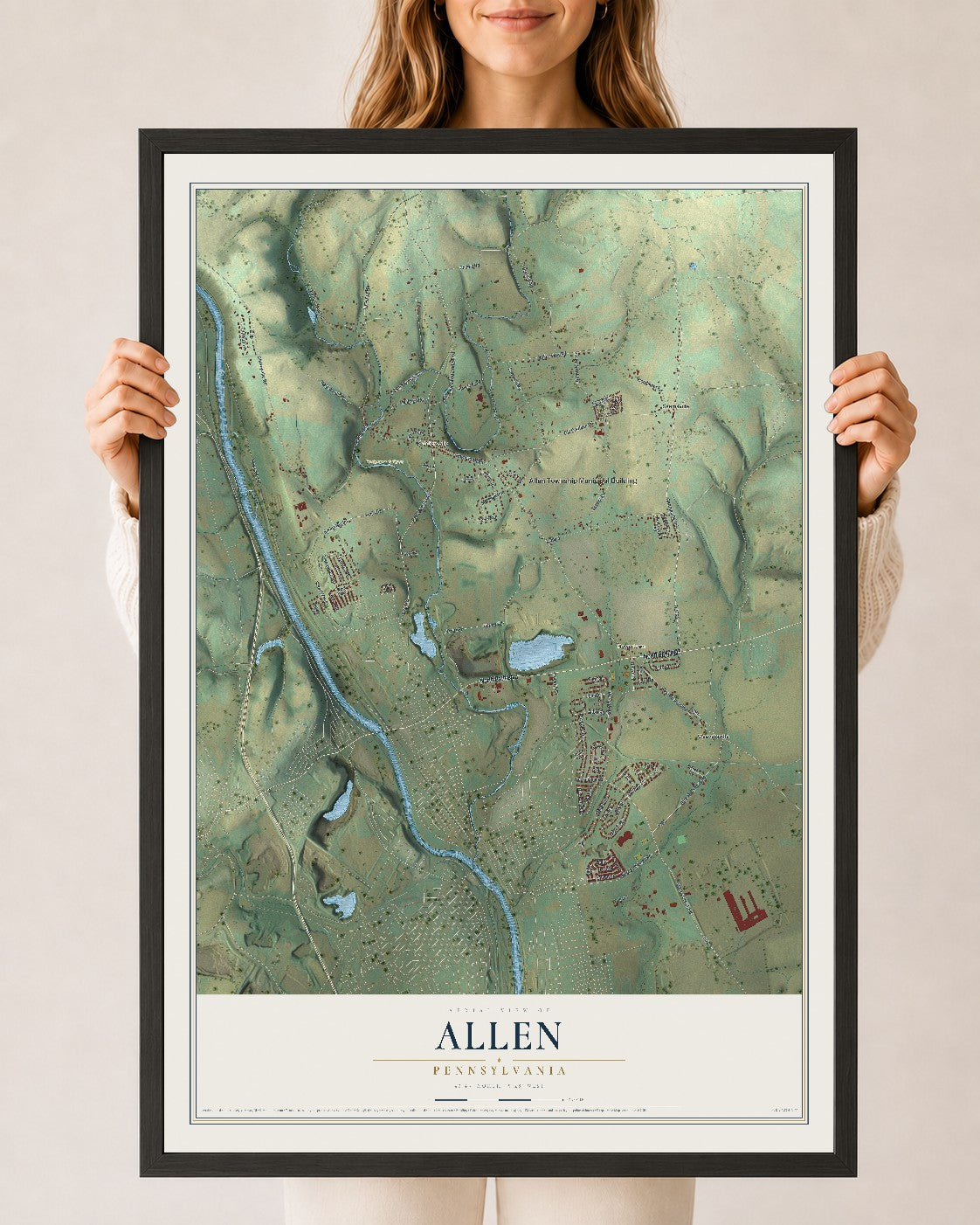 Map of Allen, Pennsylvania, 24 x 36 inch print in a black wood frame