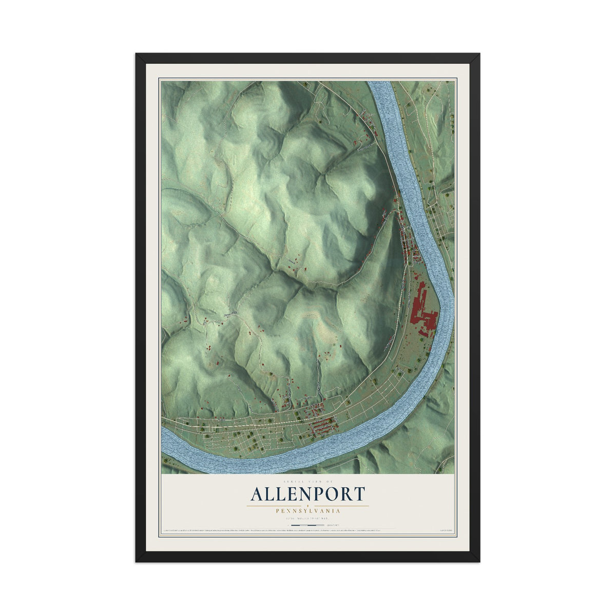 Map of Allenport, Pennsylvania, 12 x 18 inch print in a black wood frame
