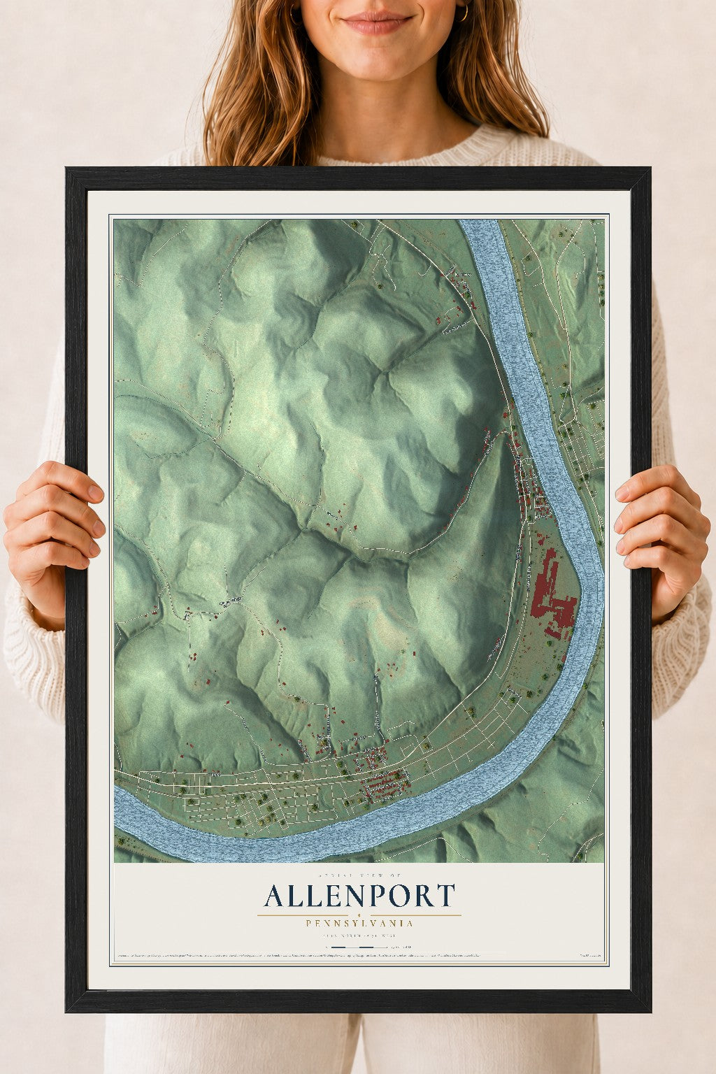 Map of Allenport, Pennsylvania, 18 x 24 inch print in a black wood frame