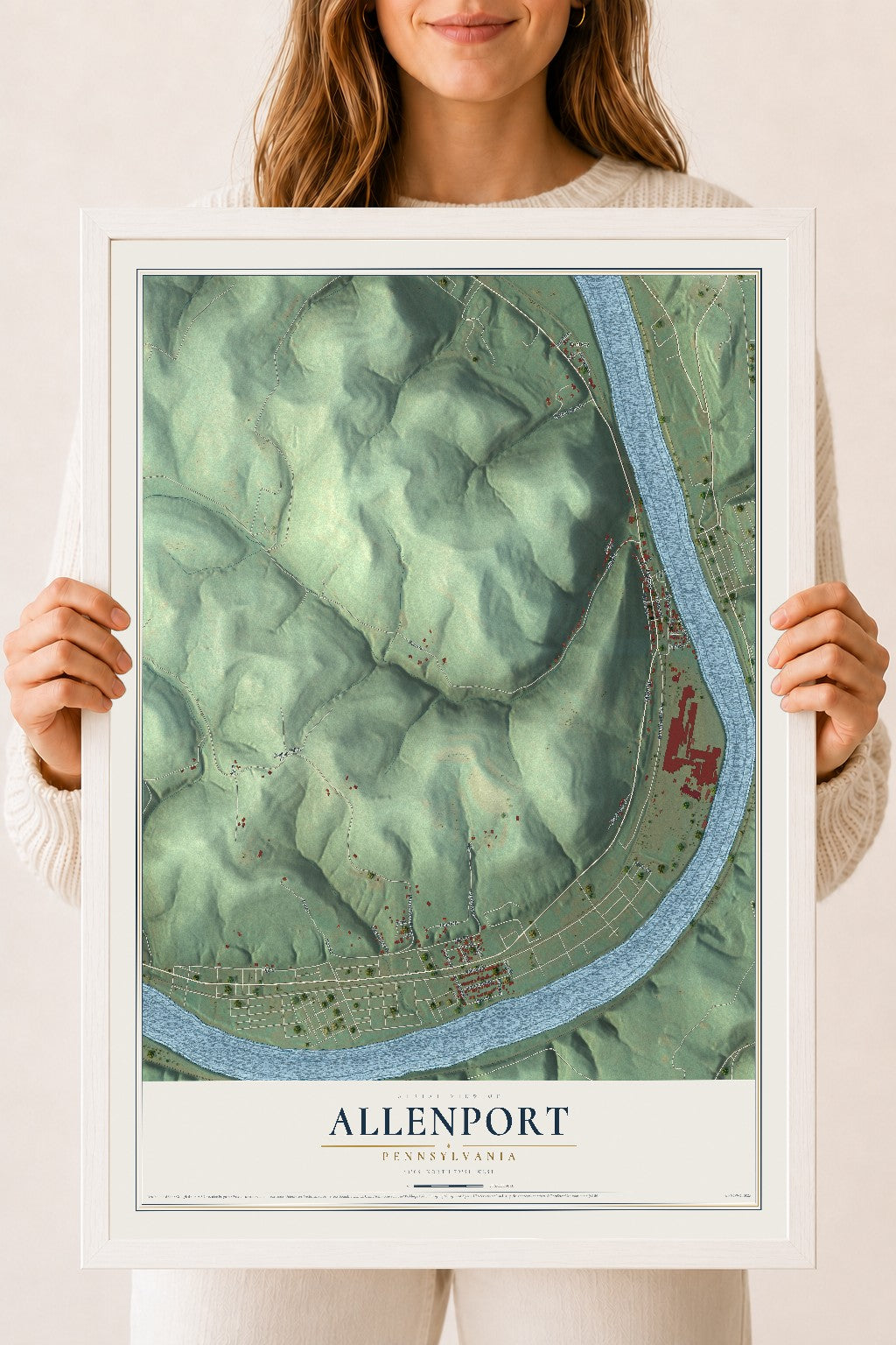 Map of Allenport, Pennsylvania, 18 x 24 inch print in a white wood frame