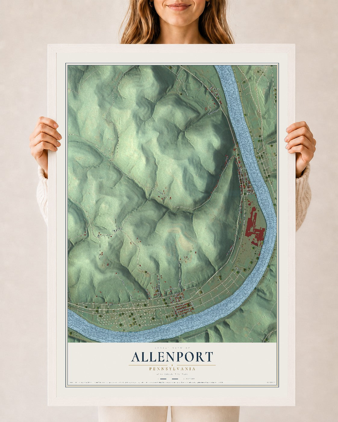 Map of Allenport, Pennsylvania, 24 x 36 inch print in a white wood frame