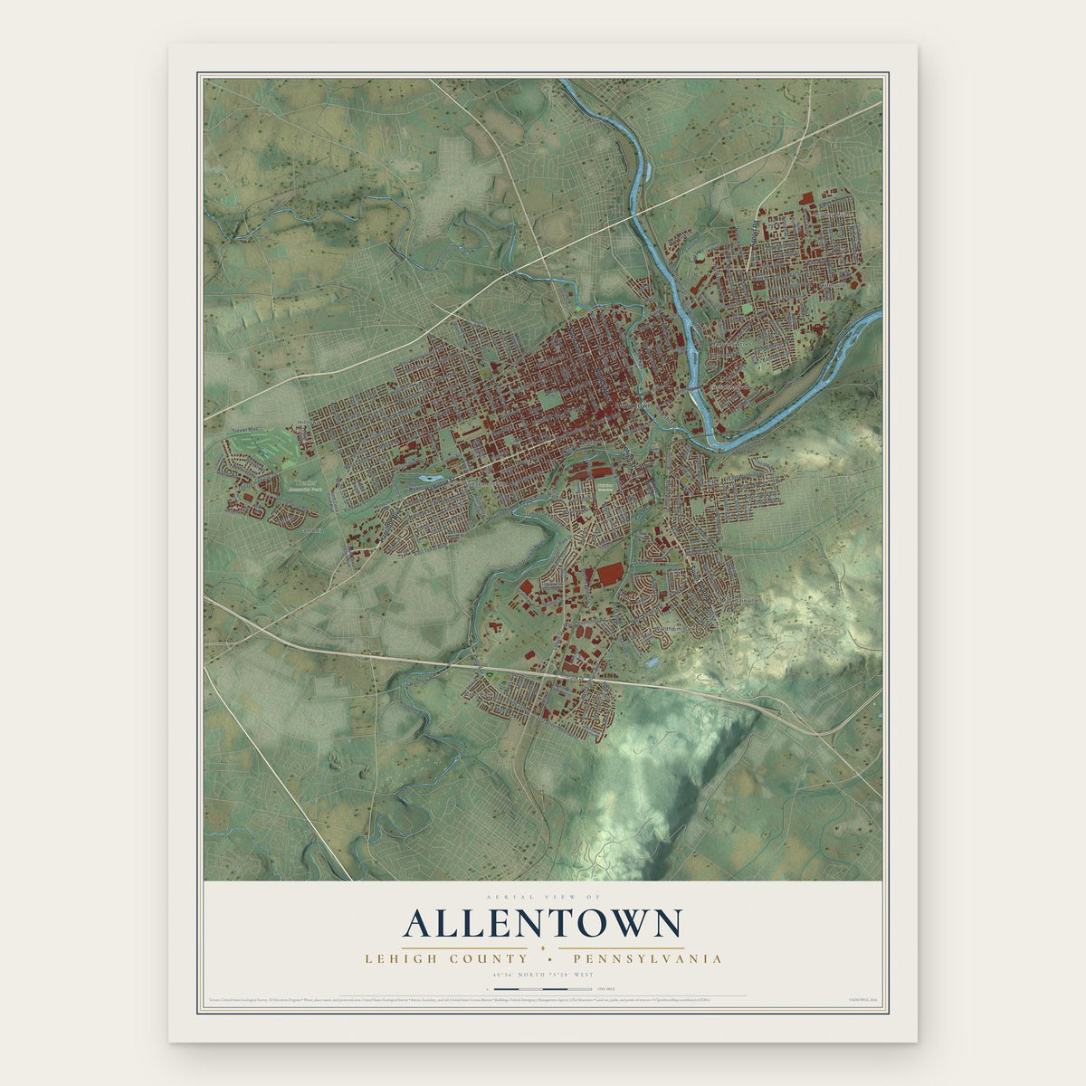 Allentown, Lehigh County, Pennsylvania map print, the full design