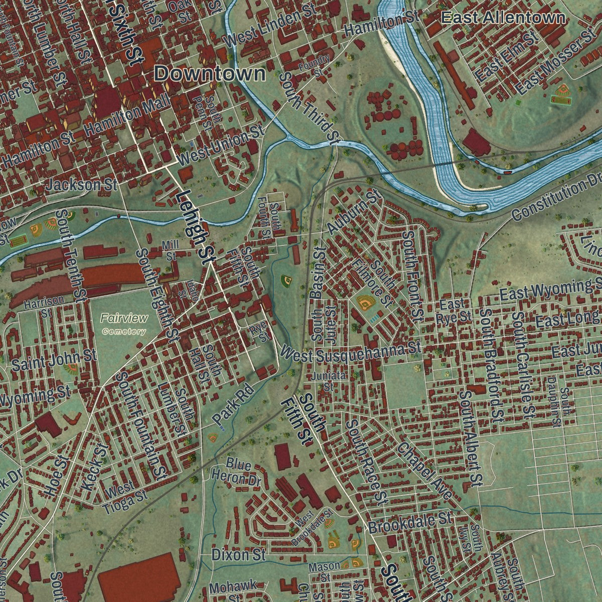 Second close-up of the map of the City of Allentown, Lehigh County, Pennsylvania print showing more streets and buildings