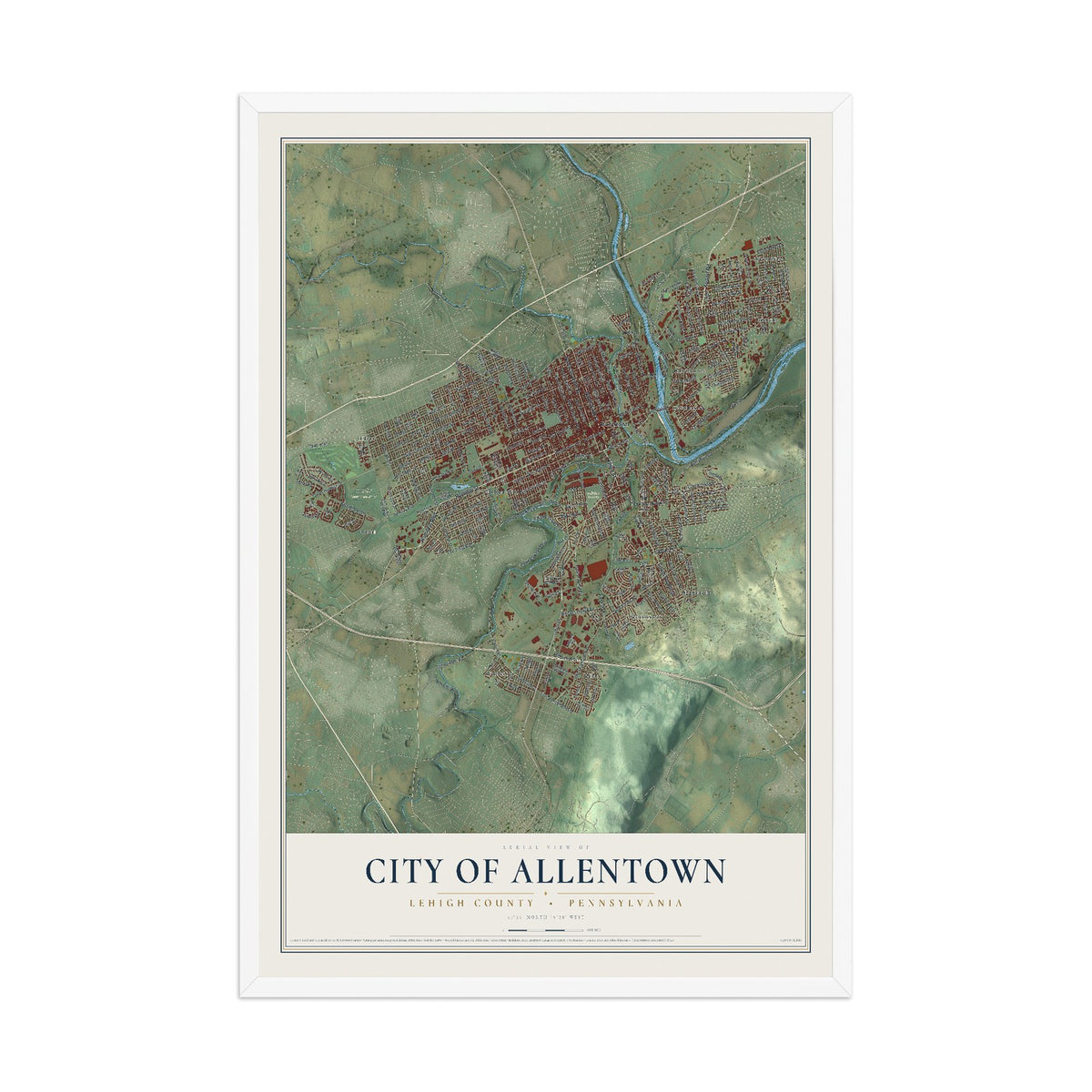 Map of the City of Allentown, Lehigh County, Pennsylvania, 12 x 18 inch print in a white wood frame