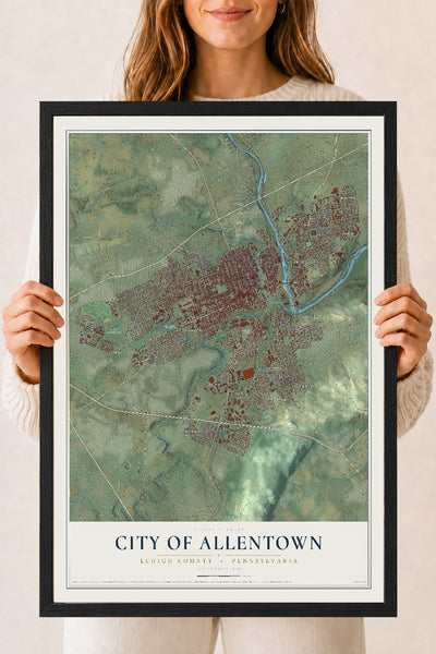 Map of the City of Allentown, Lehigh County, Pennsylvania, 18 x 24 inch print in a black wood frame