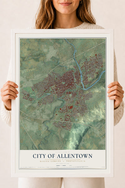 Map of the City of Allentown, Lehigh County, Pennsylvania, 18 x 24 inch print in a white wood frame