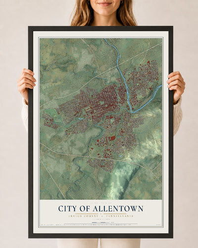 Map of the City of Allentown, Lehigh County, Pennsylvania, 24 x 36 inch print in a black wood frame
