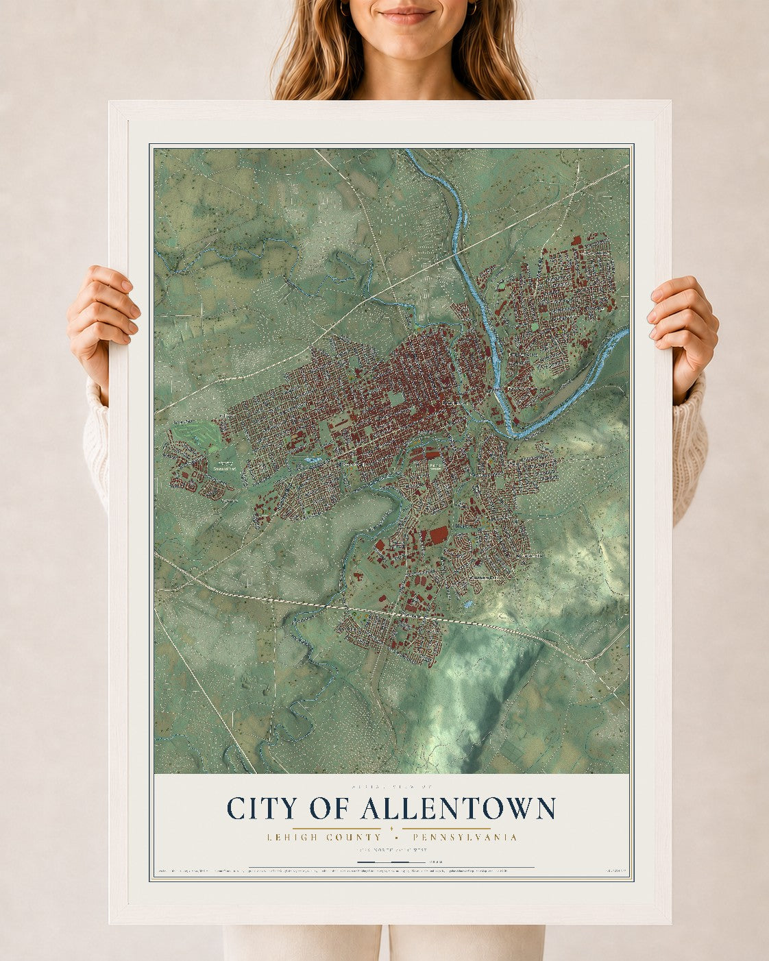 Map of the City of Allentown, Lehigh County, Pennsylvania, 24 x 36 inch print in a white wood frame