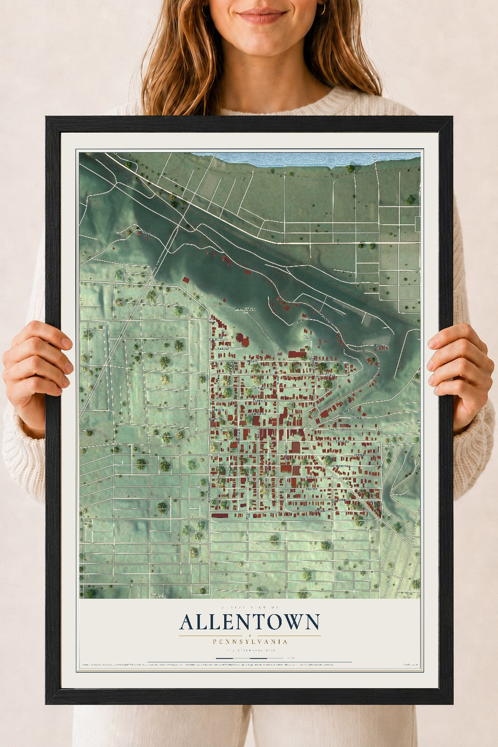 Map of Allentown, Pennsylvania, 18 x 24 inch print in a black wood frame
