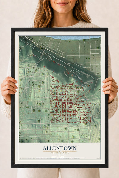 Map of Allentown, Pennsylvania, 18 x 24 inch print in a black wood frame