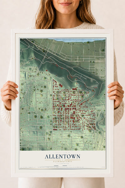 Map of Allentown, Pennsylvania, 18 x 24 inch print in a white wood frame