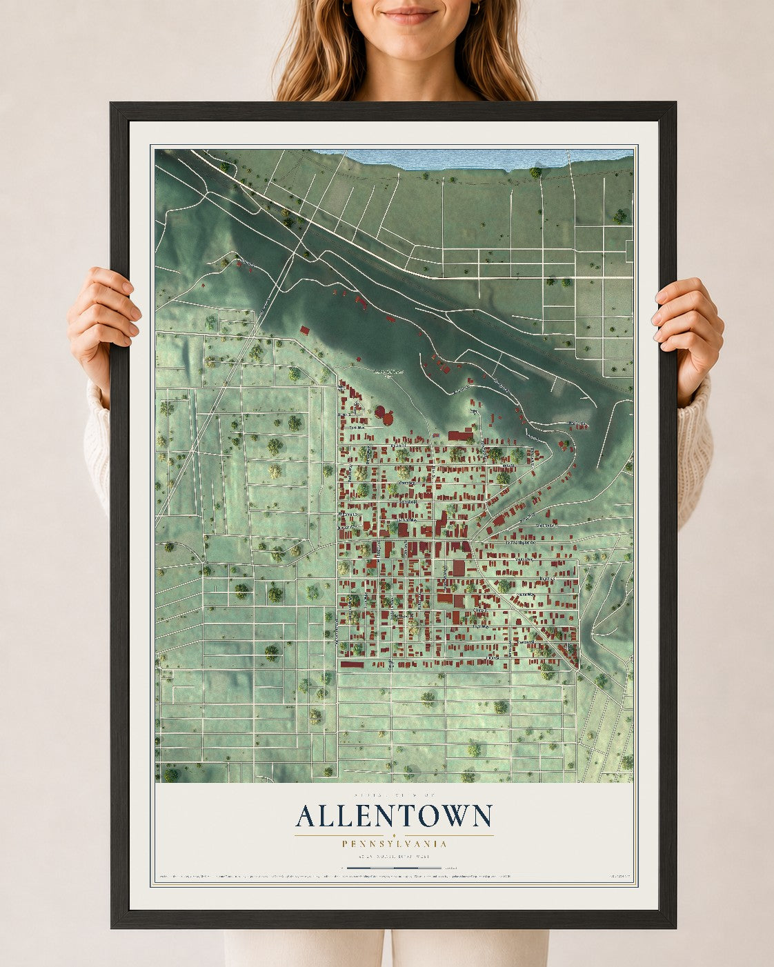Map of Allentown, Pennsylvania, 24 x 36 inch print in a black wood frame