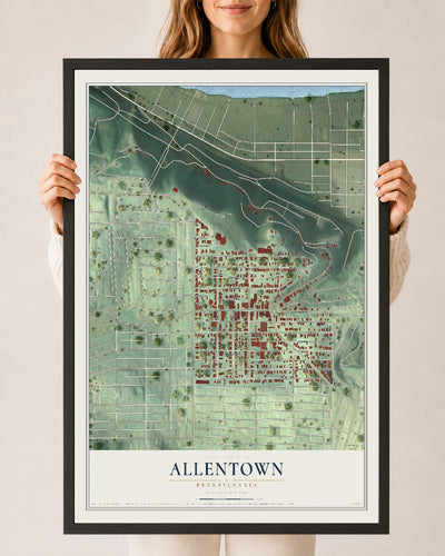 Map of Allentown, Pennsylvania, 24 x 36 inch print in a black wood frame