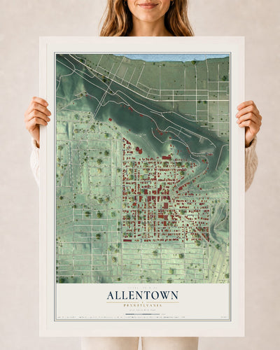 Map of Allentown, Pennsylvania, 24 x 36 inch print in a white wood frame