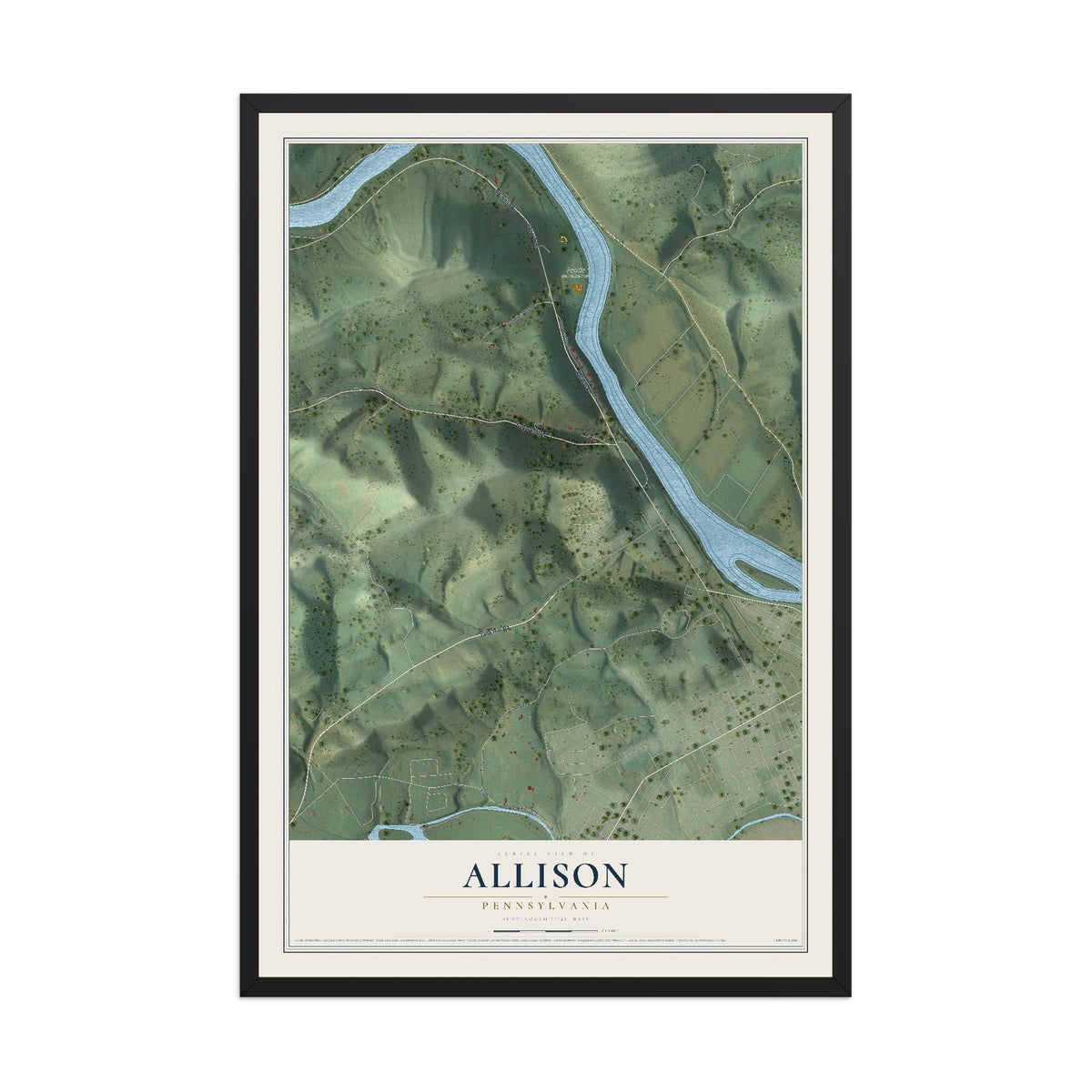 Map of Allison, Pennsylvania, 12 x 18 inch print in a black wood frame