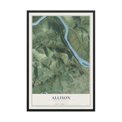 Map of Allison, Pennsylvania, 12 x 18 inch print in a black wood frame